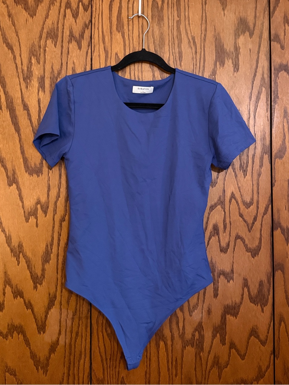 Babaton Blue Bodysuit T-Shirt Top Size L 94% Nylon Stretch